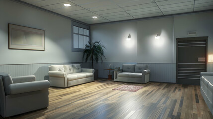 Cozy modern living room with soft lighting and wooden floors, featuring minimalistic furniture and decor