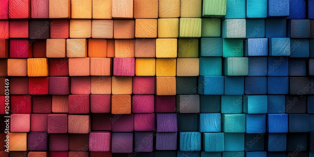 Poster colorful wooden blocks carefully aligned in a gradient pattern showcasing a vibrant spectrum of colo