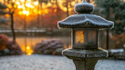 Frost Covered Stone Lantern at Sunrise