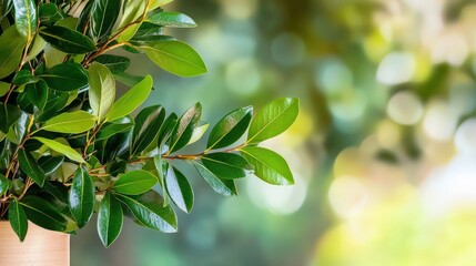Obraz premium Lush Green Leaves with Soft Blurred Background in Natural Light Capture for Relaxing Indoor Ambiance