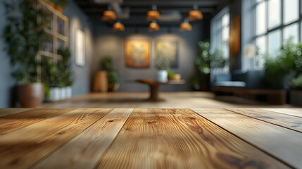 Wooden Tabletop Blurred Background, Modern Room with Plants.