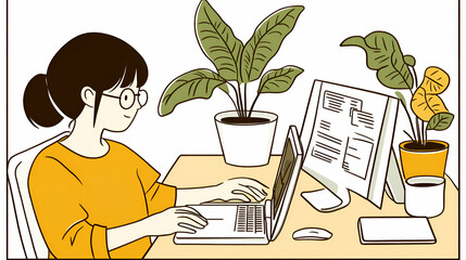Woman Working on Laptop at Home Office, Plants Nearby