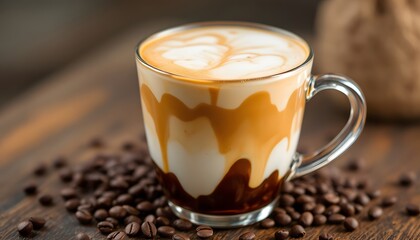 Delicious Caramel Latte Coffee Drink in Glass Mug