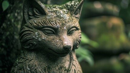 Weathered Stone Fox Statue in Lush Garden