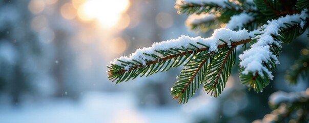 Snow-dusted pine needles on a tree trunk in pale winter light, snow, cold weather, frosty morning