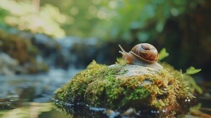 Snail on Mossy Rock by Stream