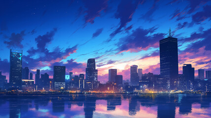 Obraz premium 幻想的な夜景｜ネオン輝く近未来都市｜美しい夕焼けのシティスカイライン