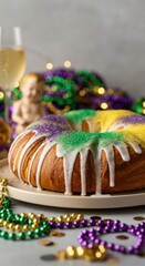 Naklejka premium Colorful King Cake with Icing and Beads, Celebrating Mardi Gras, Featuring Purple, Green, and Gold Decorations in a Festive Setting