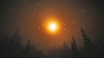 Naklejka premium Winter Solstice, Snow falls on a forest bathed in warm light from a radiant sun, creating a magical winter scene.