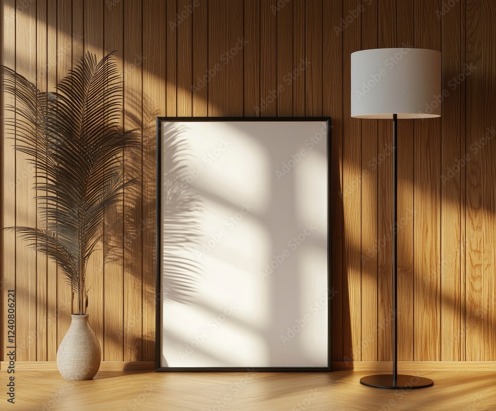 Poster front view of an empty picture frame leaning against the wall on the floor. leaning next to it is al