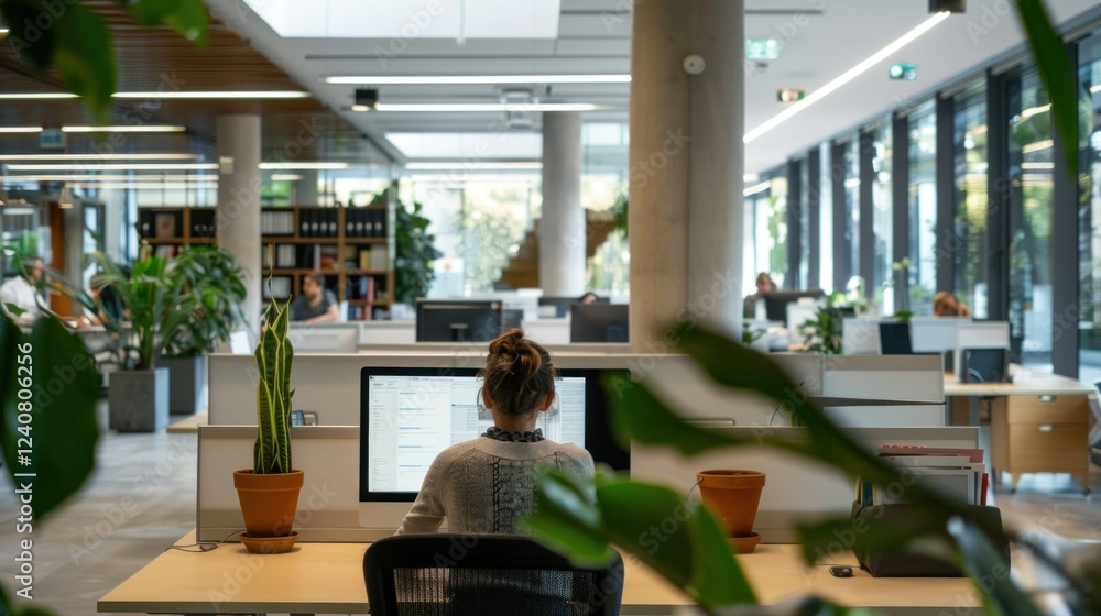 Aufkleber person using a computer in a modern office environment.