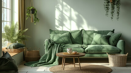 Serene Green Living Room Velvet Sofa, Cozy Plants, Modern Home Decor with Soft Light.