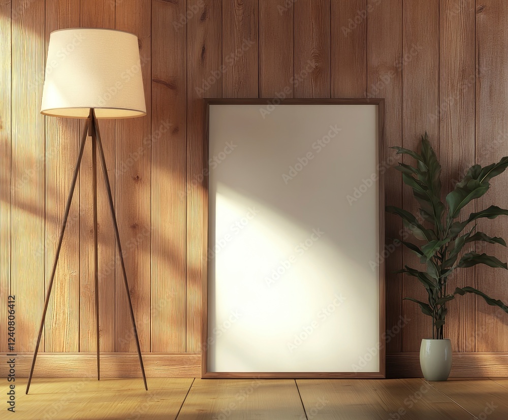 Poster front view of an empty picture frame leaning against the wall on the floor. leaning next to it is al