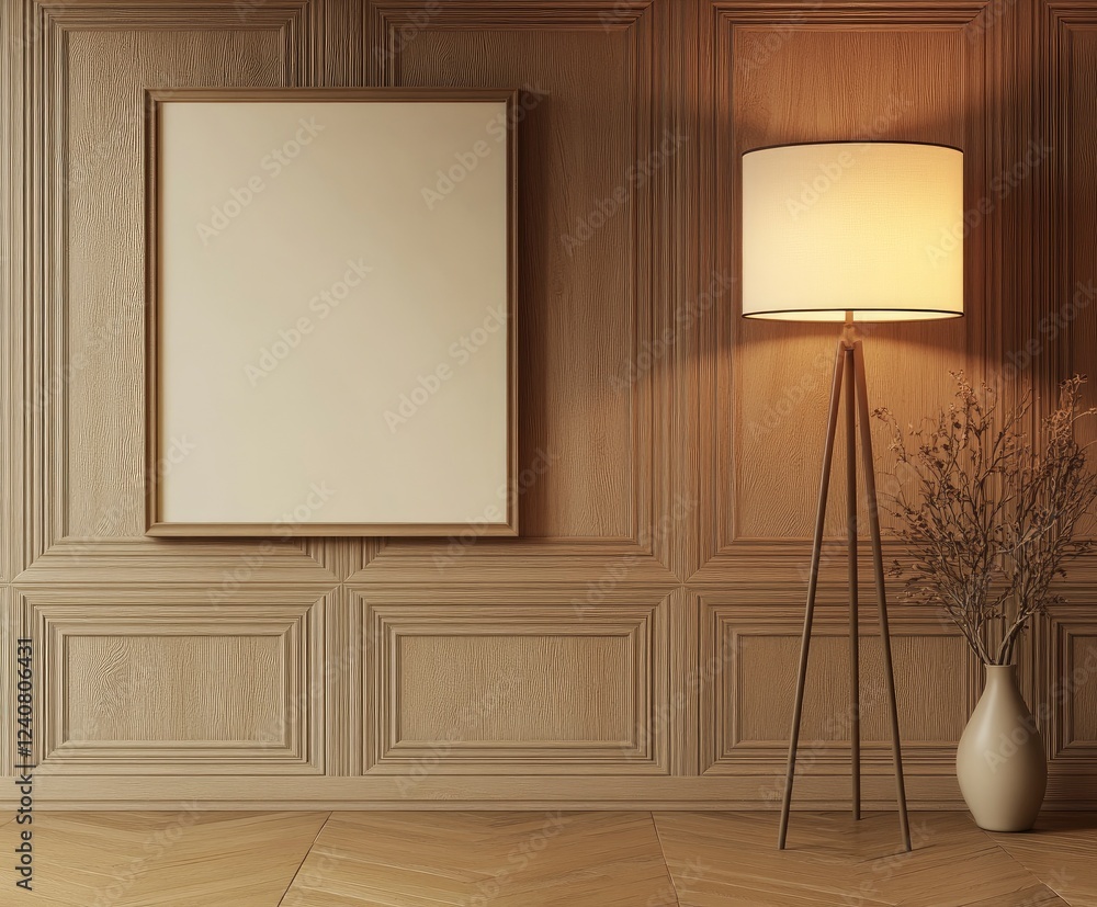 Poster front view of an empty picture frame leaning against the wall on the floor. leaning next to it is al