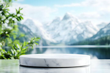 Serene Marble Platform by Mountain Lake,  Nature's Beauty Showcases Tranquil Scene Perfectly.