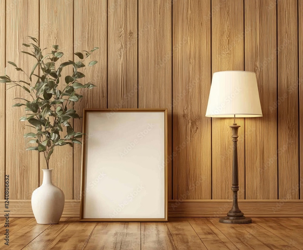Poster front view of an empty picture frame leaning against the wall on the floor. leaning next to it is al
