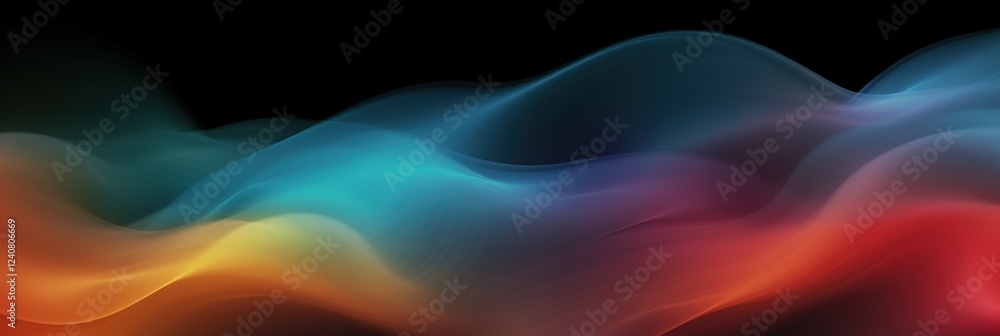 Poster vibrant waves of rainbow colors blending in a smooth flow on a dark background, creating an abstract