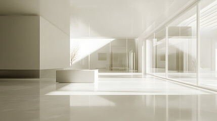 Empty white room with windows and open door, modern interior design
