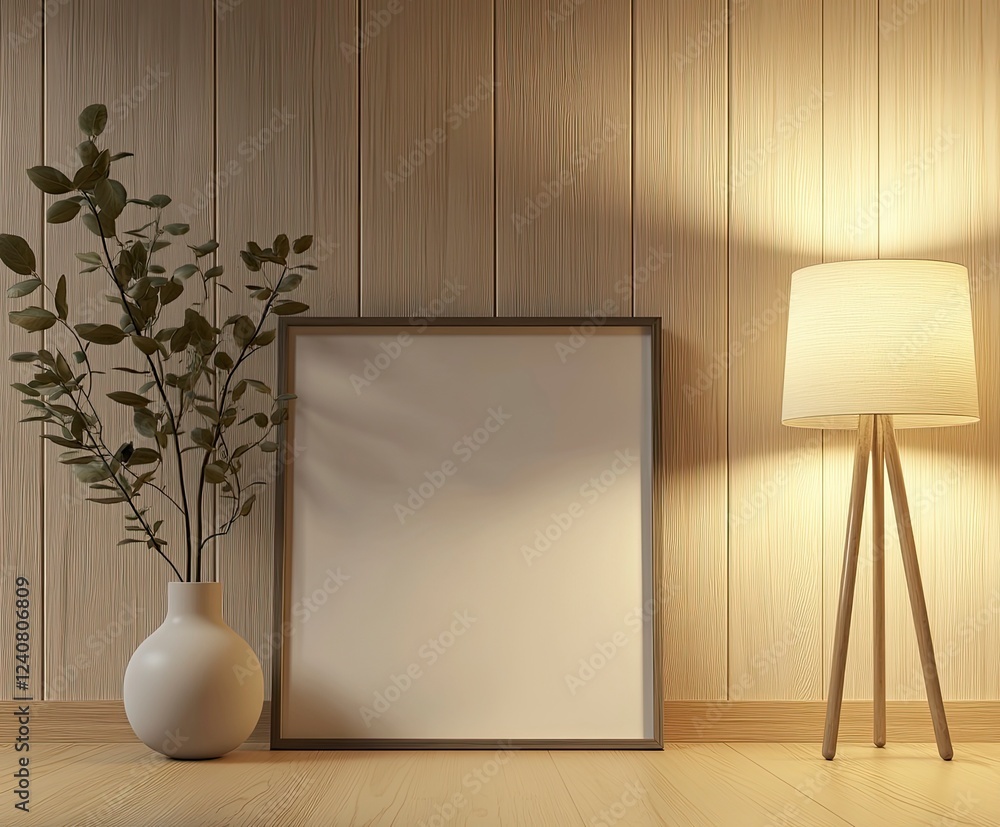Poster front view of an empty picture frame leaning against the wall on the floor. leaning next to it is al