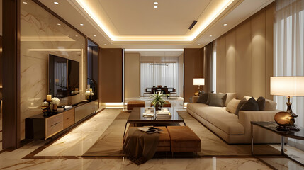 Modern living room interior featuring elegant furniture, soft lighting, and a cozy atmosphere