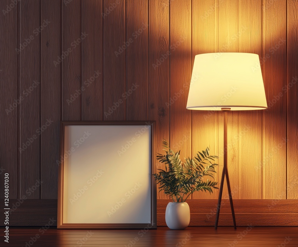 Poster front view of an empty picture frame leaning against the wall on the floor. leaning next to it is al