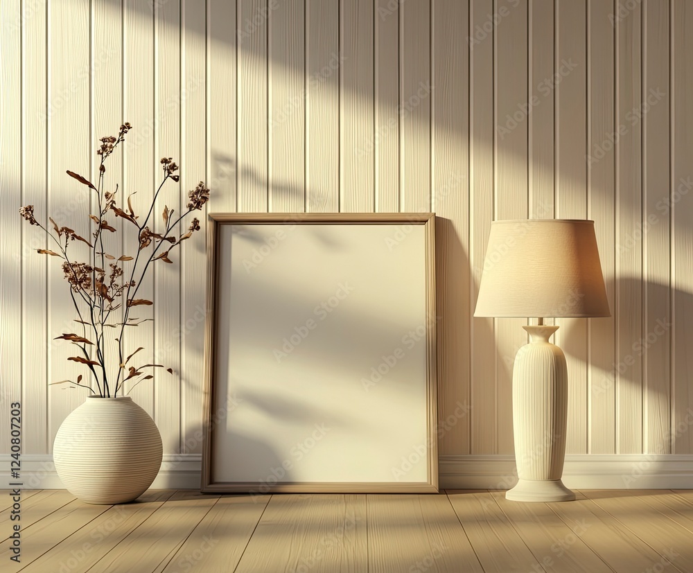 Poster front view of an empty picture frame leaning against the wall on the floor. leaning next to it is al