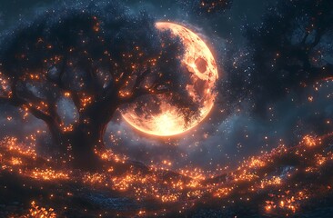 Obraz premium Glowing Full Moon Over Dark Landscape with Twinkling Lights and Silhouetted Trees 