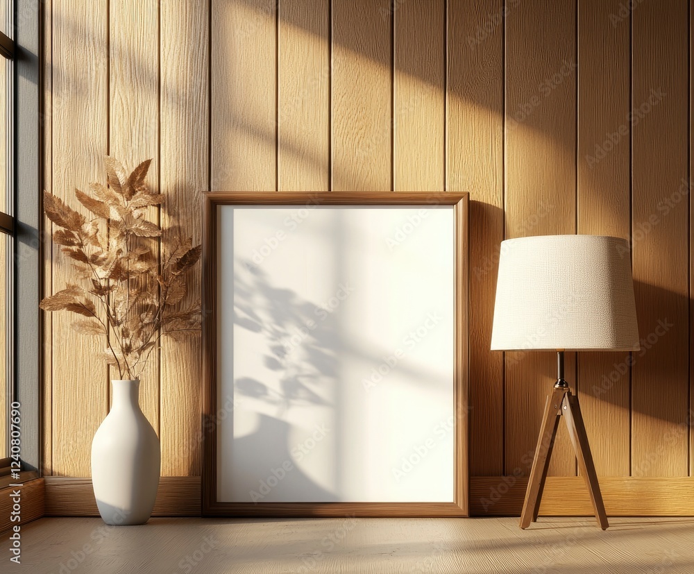 Poster front view of an empty picture frame leaning against the wall on the floor. leaning next to it is al