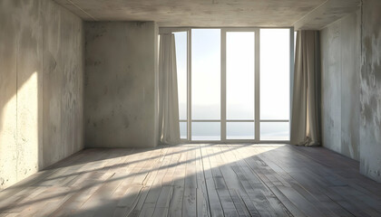 Bright, empty interior of a modern apartment with large windows overlooking a serene landscape