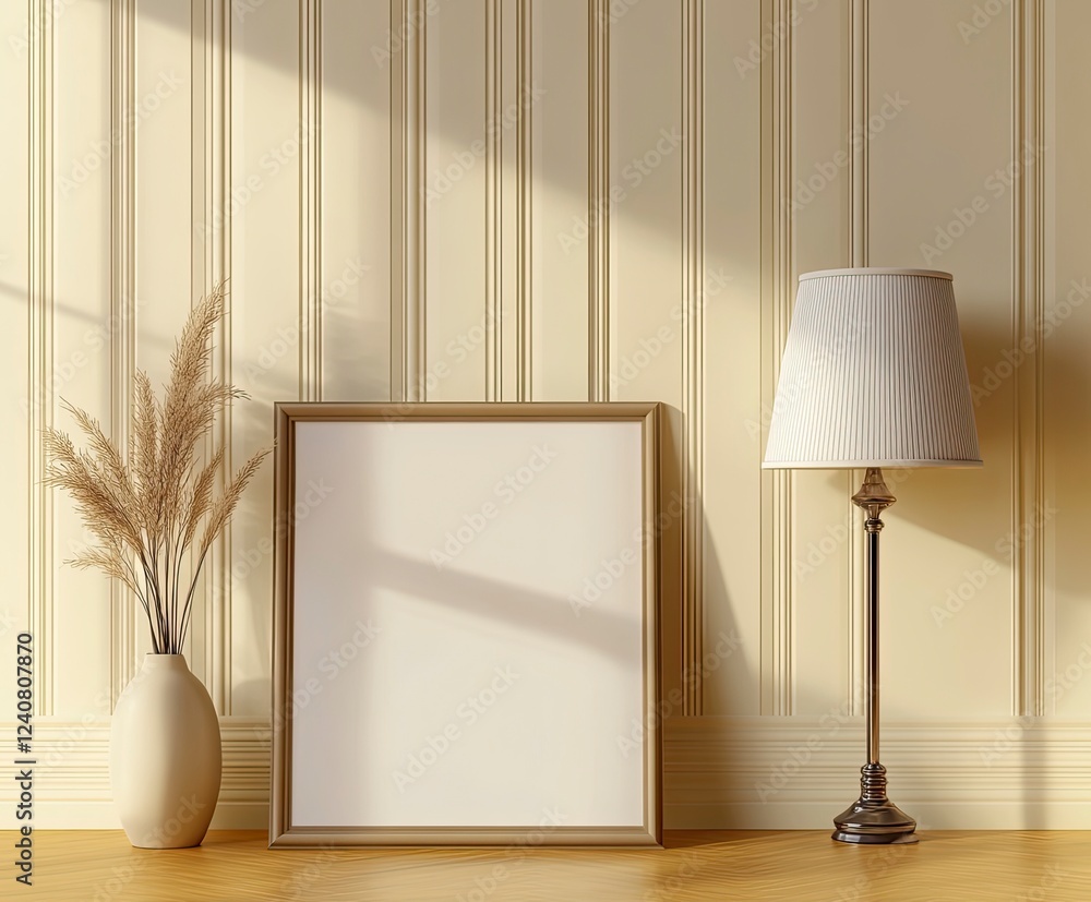 Poster front view of an empty picture frame leaning against the wall on the floor. leaning next to it is al