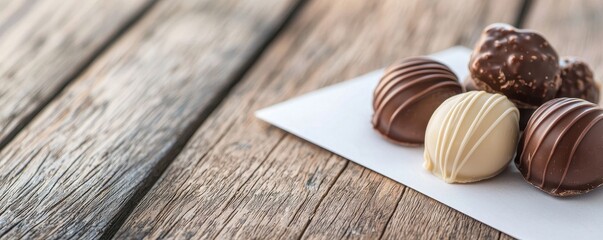 A selection of assorted chocolates on a rustic wooden surface, showcasing rich textures and tempting designs.