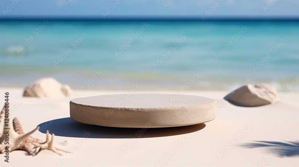 Poster round display surface on tranquil beach with soft sand and waves in background, ideal for summer pro