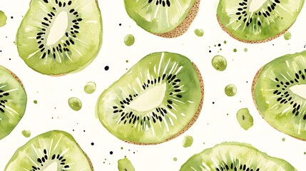 Fototapeta premium Watercolor Kiwi Fruit Slices Pattern Design