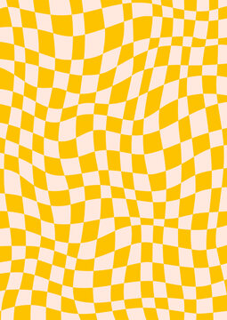 Retro background with abstract psychedelic checkerboard. Groovy yellow checkered pattern. Trendy plaid vector texture in abstract y2k style. Vector graphic for posters and art prints