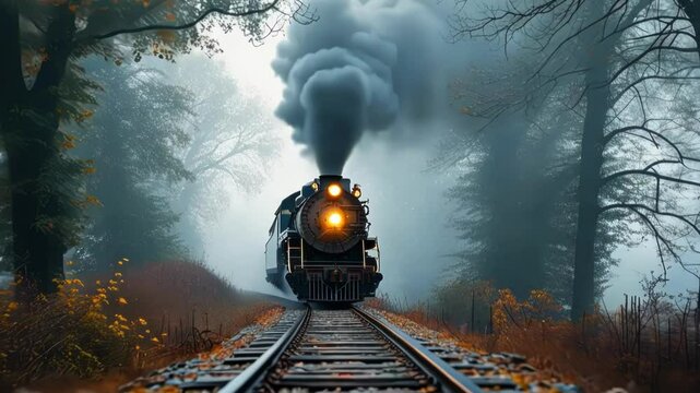 A vintage steam train chugs through a foggy forest landscape.