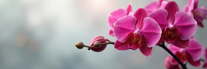 Obraz premium Soft focus on red orchids amidst the subtle texture of a light grey veil, flower, bloom