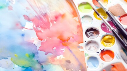 Vibrant Watercolor Painting Art Supplies Abstract Colorful Splashes and Paintbrushes on Palette
