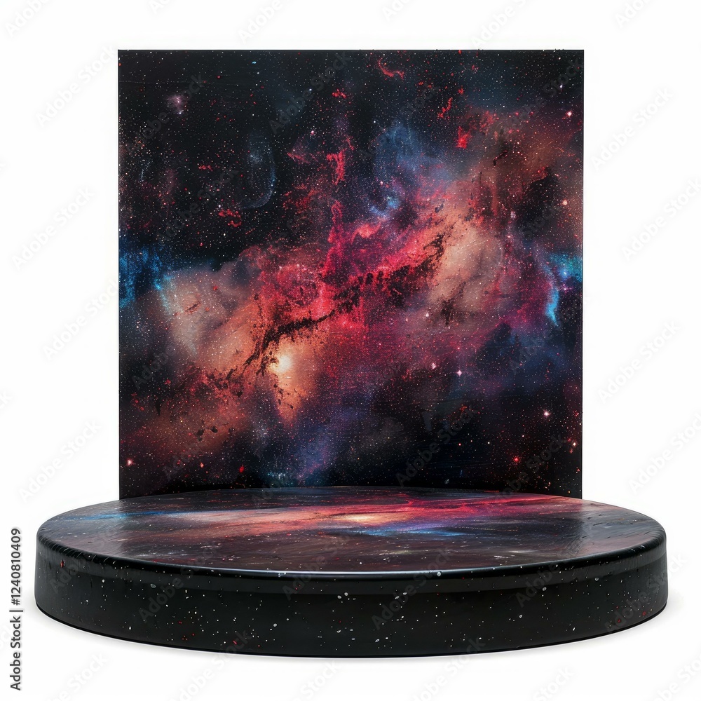 Poster round product display platform featuring a vibrant galaxy backdrop, creating a captivating cosmic se