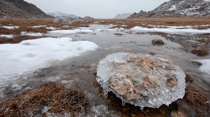 Frozen stream in mountainous landscape, winter