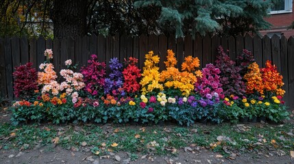 Obraz premium Rainbow flower display along wooden fence