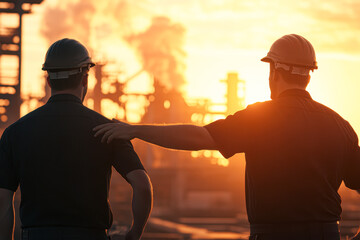 Sunset reflection workers at industrial site construction evening perspective