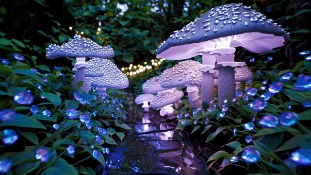Magical surreal forest,  a winding path in an enchanting fairy garden, surrounded by bioluminescent flowers, towering mushrooms, and shimmering, dewdrop-covered leaves.
