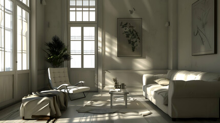 Bright and airy living room with modern furniture, plants, and natural light streaming through windows