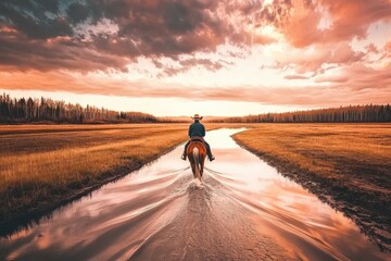 Obraz premium Lone cowboy riding a horse across a picturesque field at sunset, emphasizing adventure and freedom