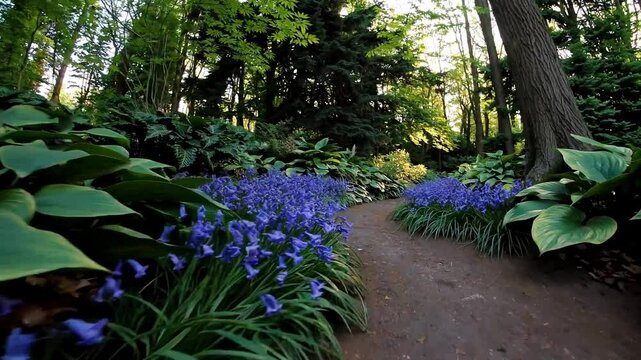 A low-angle cinematic shot tracking along a winding path in a lush woodland garden, surrounded by delicate ferns, broad-leafed hostas, and clusters of vibrant bluebells.
