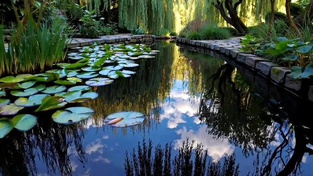 A low-angle cinematic shot tracking along a winding stone path in a serene water garden, featuring lush aquatic plants, lily pads floating on a tranquil pond, and cascading waterfalls.
