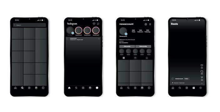 Instagram mobile App interface template mockup. Instagram icons set. Realistic Instagram interface on smartphone: profile, photo, message, storie. Dark mode