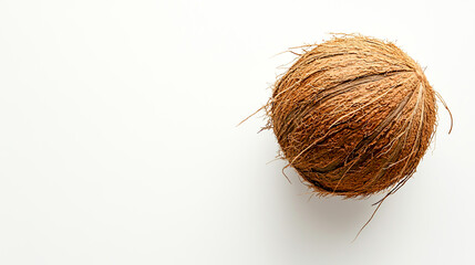 Photo of a single coconut on a white background, top view with copy space