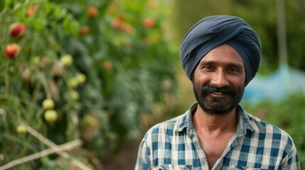 Obraz premium A man wearing a turban and plaid shirt, standing proudly in his farm.