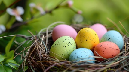 Happy Easter. Congratulatory easter background. Easter eggs and flowers.